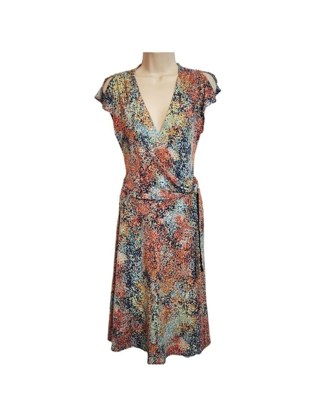 BCBG Max Azria Rainbow Dot Faux Wrap Knit Midi Dress Small